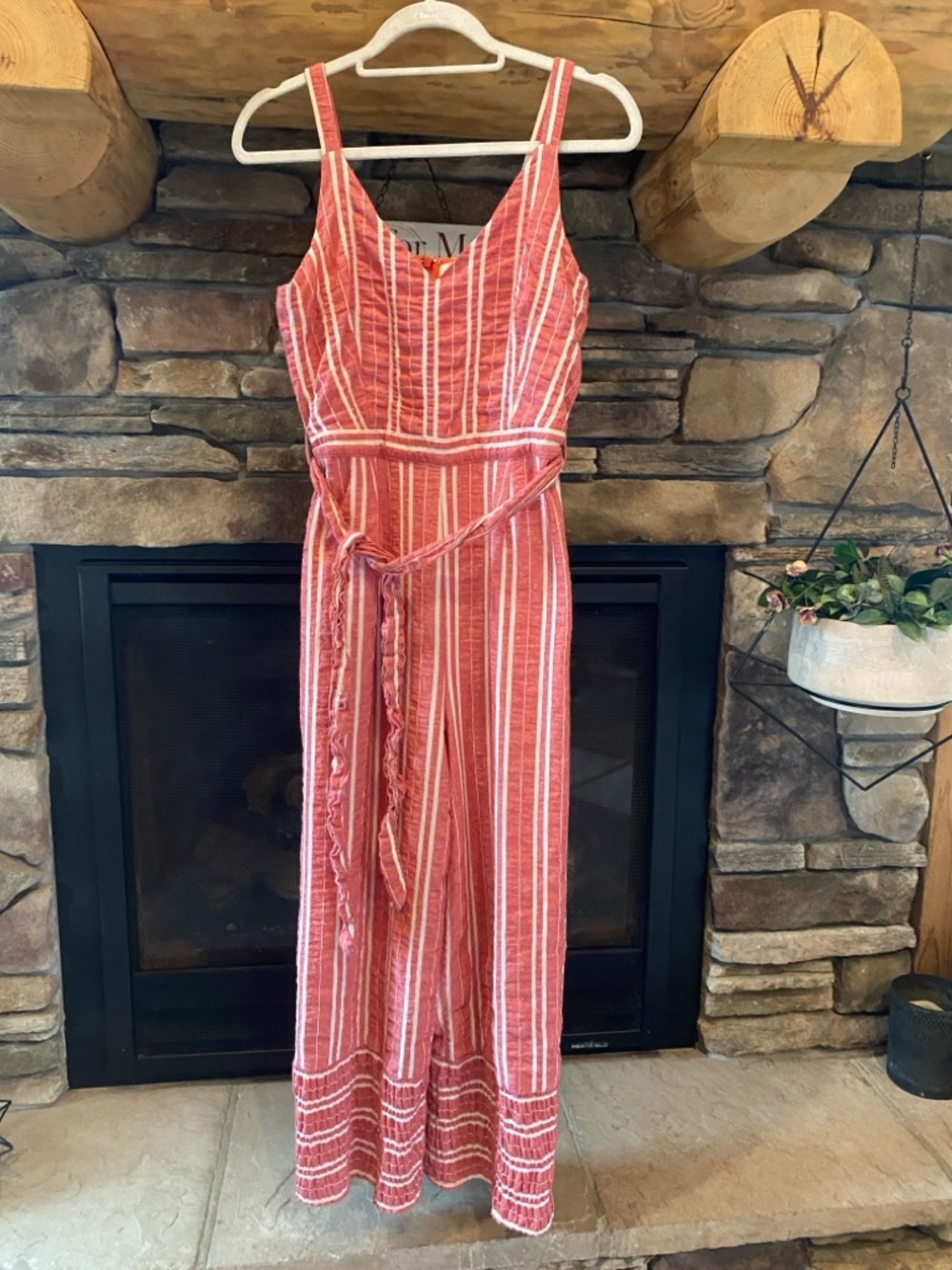 Anthropologie Coral & White Striped Sleeveless Jumpsuit with Tie Waist